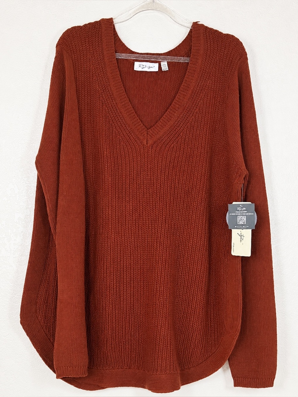 RD Style Women's XXL Oversized V-Neck Knit Sweater Rust Brown Cotton Blend